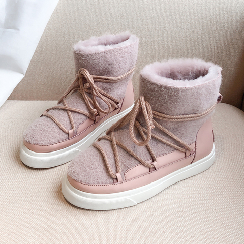 Women Wool Snow Boots Sweet Style Winter Flat Ankle Boots for Girls Winter Women Fluffy Shoes Femmes Bottes Chaussure Femme. ► Photo 1/6