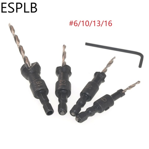 ESPLB 4pcs 1/4 inch Hex Shank HSS Countersink Drill Bit Set #6 #10 #13 #16 Sink Holes Drilled Carpenter Woodworking Chamfer Tool ► Photo 1/6