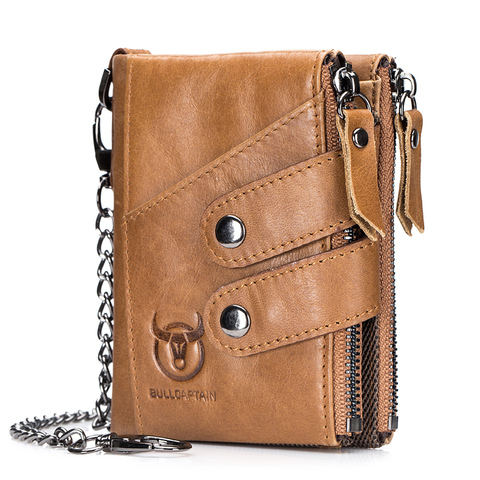 Quality Genuine Leather men Wallet Brand zipper Man Purse Vintage cow leather Male card Coin Bag with iron chain ► Photo 1/6