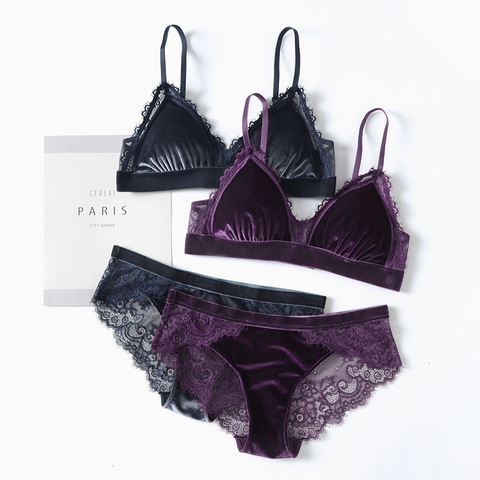 Sexy Velvet Underwear Set with Lace Wireless Triangle Bra with Removable Padded Mesh Lined Women Velvet Lingerie ► Photo 1/6