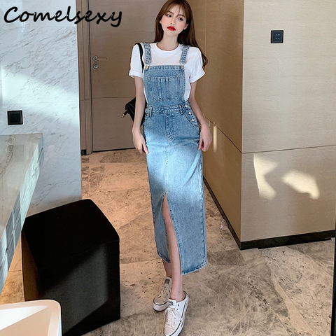 2022 New Fashion Streetweaer Vintage Button Denim Spaghetti Strap For Women Summer High Waist Split Elegant Dress ► Photo 1/5