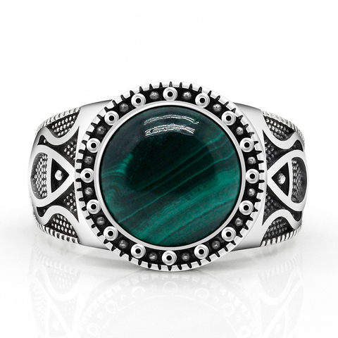 Natural stone pure 925 sterling silver antique Turkish ring, malachite men's agate color punk rock jewelry ► Photo 1/1