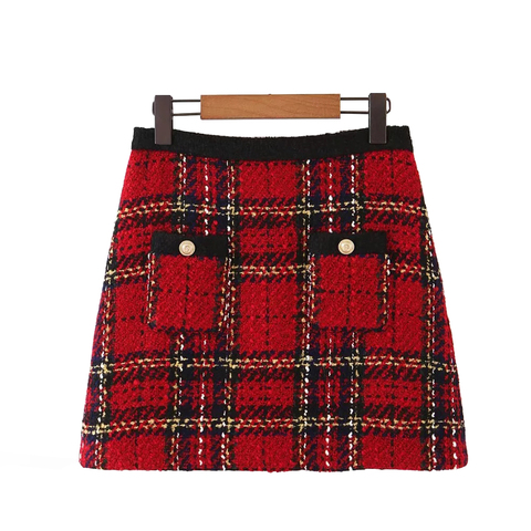 Red Vintage Women Tweed  2022 Winter Fashion Ladies Plaid  Female Patchwork Girls High Waist Mini  Skirts Chic ► Photo 1/6