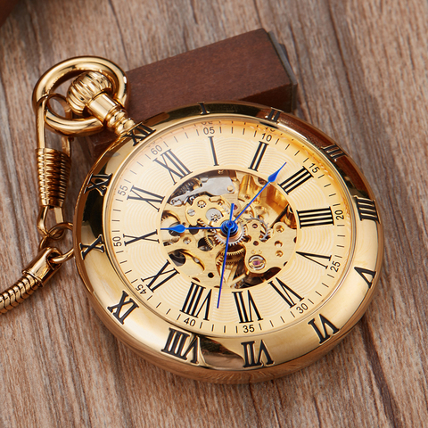 Luxury Copper Silver Automatic Mechanical Pocket Watch Clock Fob Chain Watch Men Roman Numbers Clock High Quality Pocket watches ► Photo 1/6