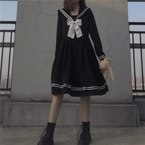 Japanese Lolita Dress Kawaii Sweet Bowknot Robes Long-Sleeve Black Knee-Length Navy Dress Preppy Party Women Dress Summer 2022 ► Photo 1/6