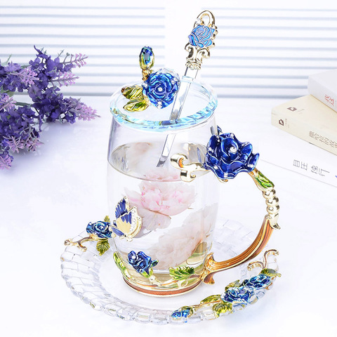 Creative Blue Rose Enamel Crystal Tea Cup Coffee Mug Butterfly Rose Painted Flower Water Cups Clear Glass with Spoon Set ► Photo 1/6