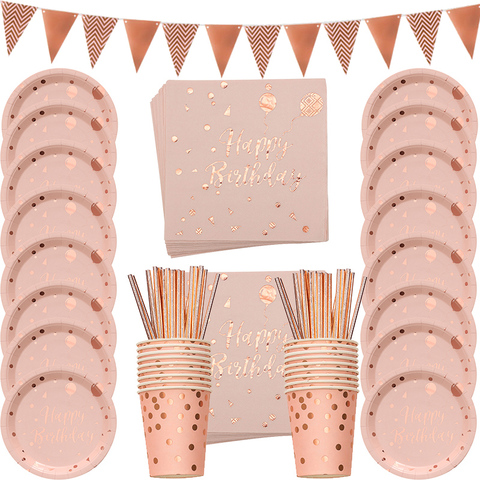 78pcs/set Rose Gold Happy Birthday Printing Disposable Tableware Set Paper Plate Cup Banner Napkins Party Dinnerware Deco ► Photo 1/5