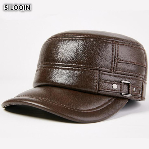 SILOQIN Snapback Cap Genuine Leather Hat Men's Army Military Hats Adjustable Size New Middle-aged Men Cowhide Leather Flat Caps ► Photo 1/6