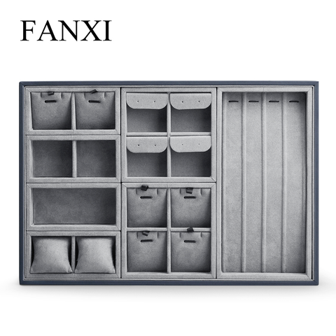 Fanxi Jewelry Display Tray Velvet Ring Necklace Organizer Tray Gray Bracelet Display Storage Case Multifunctional Necklace Box ► Photo 1/6