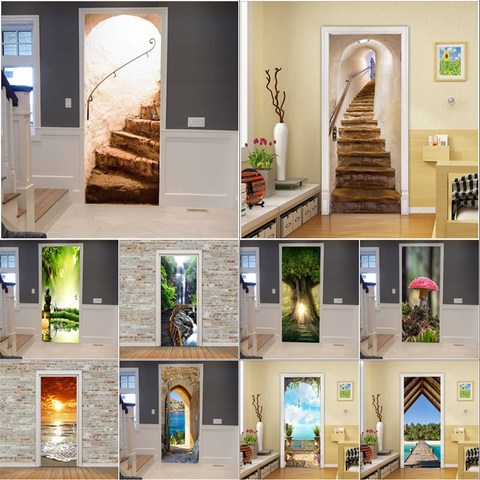 Retro Stairs Art Printed Stickers For The Door Fresh Natural Scenery Door Posters Home Decor Renovation Self Adhesive Room Decal ► Photo 1/6