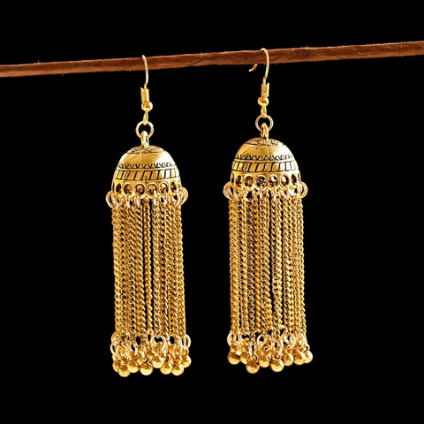 Vintage Women Gold Gypsy Indian Earrings Boho Jewelry Ladies Retro Round Bell Long Tassel Jhumka Earrings Oorbellen ► Photo 1/6