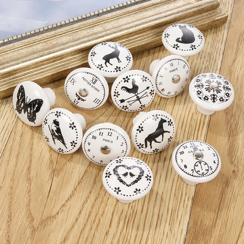 White Print Ceramic Door Knobs And Handles Furniture Drawer Knobs Cupboard Door Handles Single Hole Cabinet Handles With Screws ► Photo 1/6