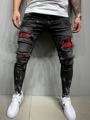 Men's Ripped Jeans Fashion Grid Beggar Patches Slim Fit Stretch casual Denim Pencil Pants painting Jogging trousers ► Photo 1/6