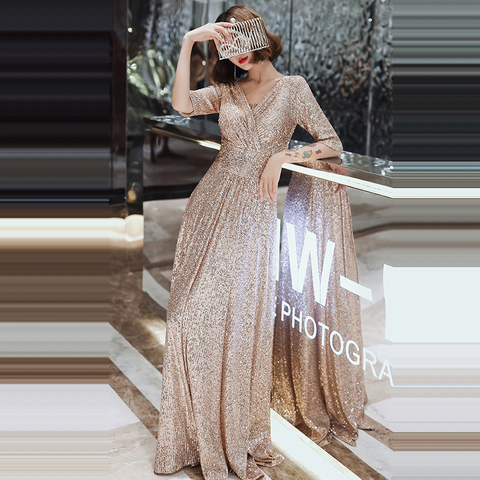 Evening Dress Double V-neck Half-sleeve Women Party Dresses K004 A-line Elegant Robe De Soiree 2022 Bling Sequin Formal Gowns ► Photo 1/6