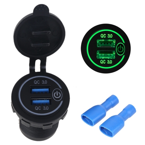 Waterproof 12V 24V Dual QC3.0 USB Car Charger Adapter with On/Off Touch Switch LED Light for Mobile Phone GPS Truck SUV Boat Bus ► Photo 1/6