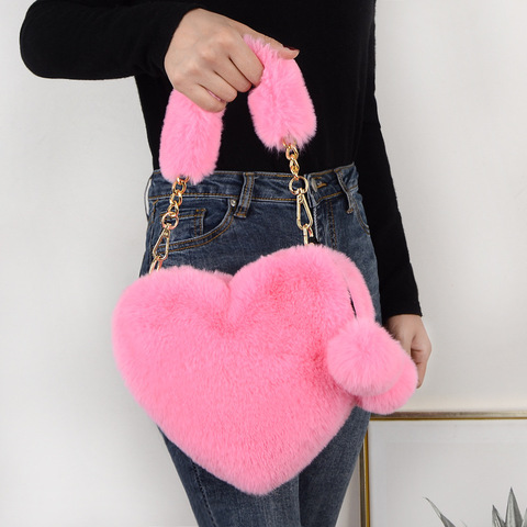 Faux Fur Winter Women Handbags Cute Plush Ladies Heart Shaped Shoulder Bag Cute Female Clutch Purse Love Handbags Messenger Bag ► Photo 1/6