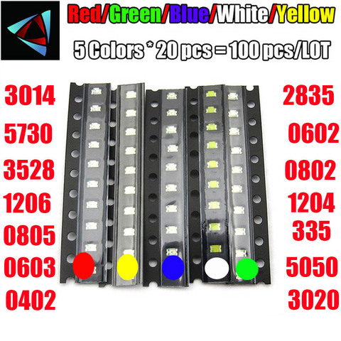 100pcs=5colors x 20pcs 0402 2835 1210 1206 0805 0603 3014 3020 Assortment SMD LED Diode Kit Green/ RED / White / Blue / Yellow ► Photo 1/1