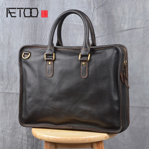 AETOO Retro first layer leather handbag male handmade leather business briefcase crazy horse leather casual laptop bag ► Photo 1/6