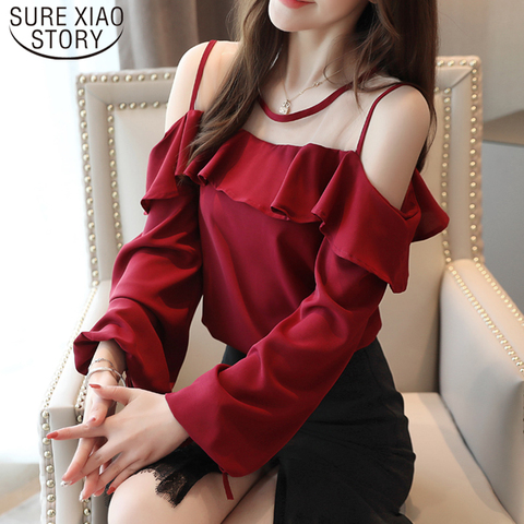 Casual Off Shoulder Tops Solid Long Sleeve Chiffon Blouse Blusas Mujer De Moda 2022 Autumn Women Tops and Blouse  6756 50 ► Photo 1/6