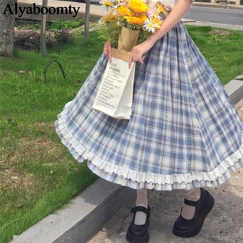 Japanese Lolita Style Summer Women Skirt High Waist Vintage Plaid Buttons Skirt Elegant Ruffles Cute Kawaii Midi Preppy Skirts ► Photo 1/5