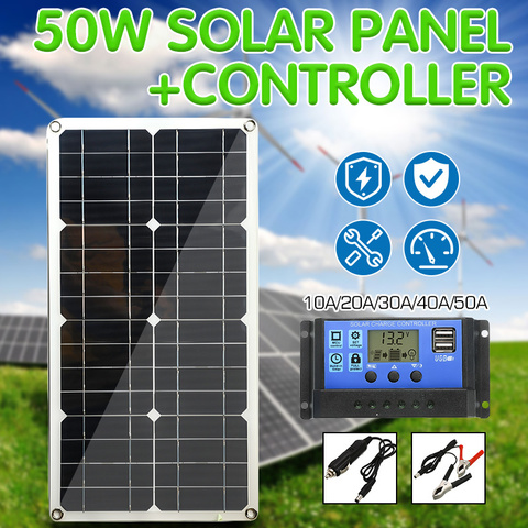 Solar Panel 50W Dual USB Output Solar Cells Poly Solar Panel 10/20/30/40/50A Controller for Car Yacht 12V Battery Boat Charger ► Photo 1/6