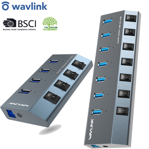 Wavlink USB Hub 3.0 High Speed 4/7 Ports Micro USB 3.0 Hub Splitter On/Off Switch With Power Adapter for MacBook Pro Laptop PC ► Photo 1/6