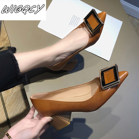 Square Heels Pointed Toe Pumps Shoes Women Leather Med Heels V Mouth Casual Office Lady OL Shoes 5 cm Heel ► Photo 1/6