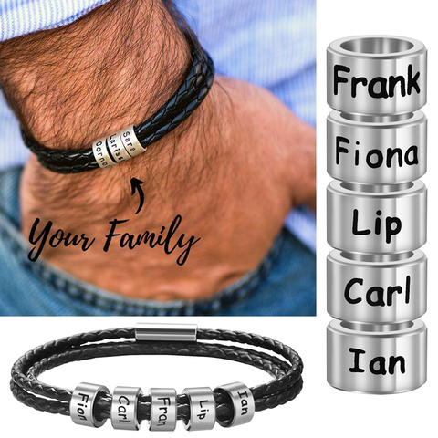 Personalized Custom Engrave Family Names Stainless Steel Bead Charms Bracelets Genuine Leather Magnet Clasp Bangle Gift SL-165 ► Photo 1/6