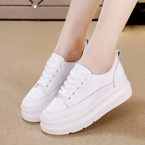 Genuine Leather Shoes Women Sneakers Height Increasing Shoes Casual Woman White Footwear New Spring Summer Thick Sole 5cm A1437 ► Photo 1/6
