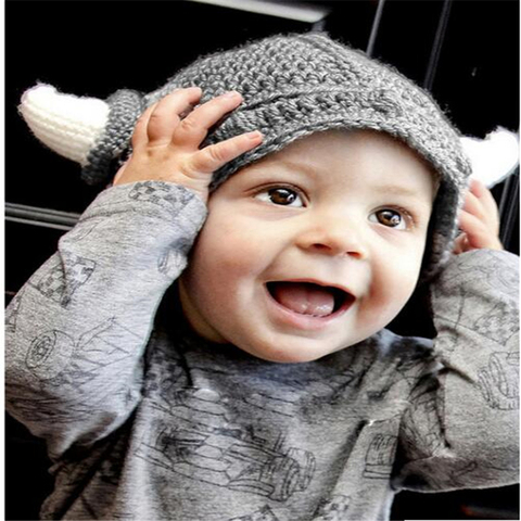 Viking Warrior Baby Handmade Hat Knit Crochet Beanie Helmet Newborn Photography Prop Children knight Bulls Xmas Gift 0-12 Months ► Photo 1/6