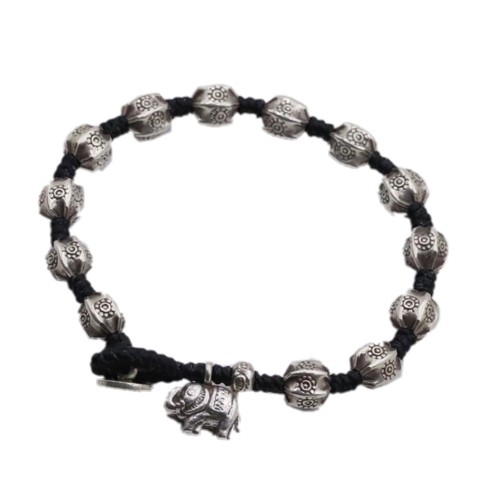 BOCAI S925 Pure Silver Elephant Bracelet wax rope hand woven bucket bead pattern hand string female Retro ► Photo 1/6