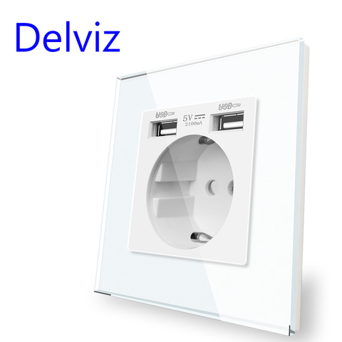 Delviz EU Standard USB Socket, Tempered Crystal Glass Panel, White/Black, 5V 2100mA Double usb, Household 16A Wall Power Outlet ► Photo 1/3