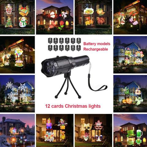 Halloween Christmas Projector Lamp Holiday Party LED Stage Light Snowflake Landscape 12 Pattern Card Flashlight Film Projection ► Photo 1/6