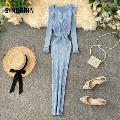 SINGRAIN Women Autumn Knitted Dress V Neck Sexy Slim Elastic Oversized Basic Bodycon Long Dress Winter knit Warm Sweater Dresses ► Photo 1/6