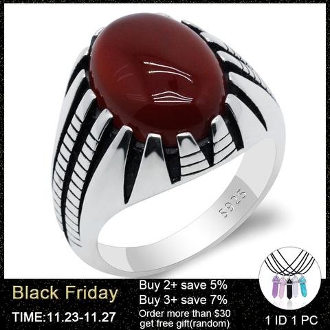 925 Sterling Silver Men Ring Prong Setting Natural Red Agate Stone Retro Punk Thai Silver Ring for Man Women Silver Fine Jewelry ► Photo 1/6