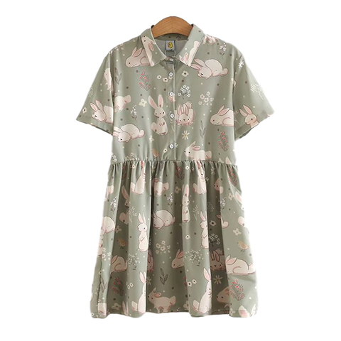 Soft Girl Kawaii Bunny Pink Doll Dress for Teens Summer Vintage Cute Rabbit Loose Casual Peter Pan Collar Short Shirt Dresses ► Photo 1/6