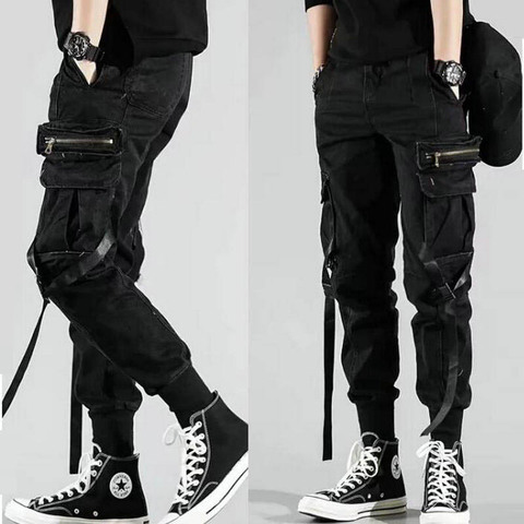 Men's Side Pockets Harem Pants 2022 Autumn Hip Hop Casual Ribbons Design Male Joggers Trousers Fashion Streetwear Pant Black ► Photo 1/6