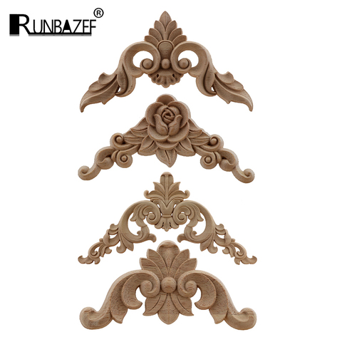 4PCS Decoration Accessories Solid Wood Applique Carved Mouldings Woodcarving Furniture Vintage Home Horn Flower NEW carving ► Photo 1/6