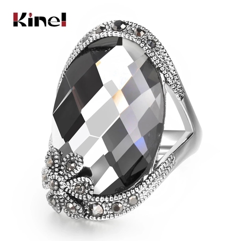 Kinel Brand Design Vintage Flower Big Gray Crystal Rings For Women Antique Tibetan Silver Fashion Jewelry ► Photo 1/6