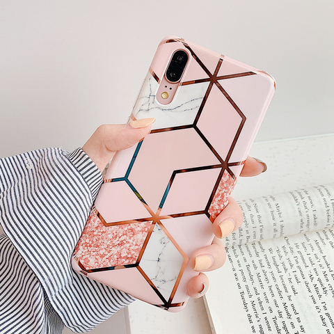 LOVECOM Plating Geometric Marble Phone Case For Huawei P40 Pro P30 P20 Lite Pro Mate 30 20 Lite Glossy Soft IMD Phone Back Cover ► Photo 1/6
