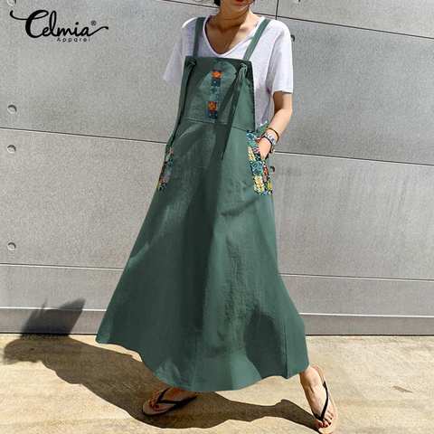 Celmia Women Vintage Apron Dress 2022 Summer Sexy Straps Casual Long Maxi Sundress Printed Pockets Party Vestidos Robe Plus Size ► Photo 1/6