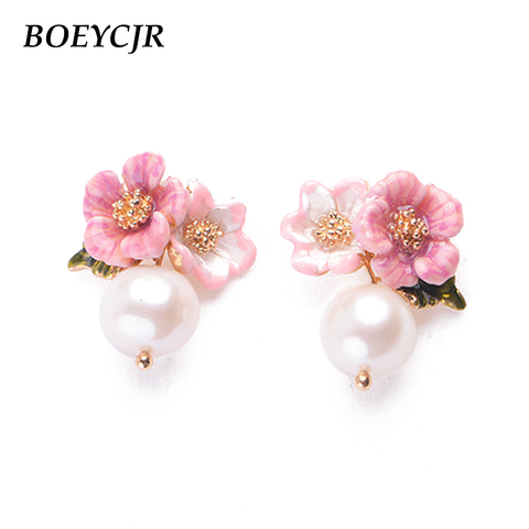 BOEYCJR  Elegant Enamel Flower Simulated Pearl Stud Earrings Handmade Fashion Jewelry Vintage Earrings for Women Gift ► Photo 1/6