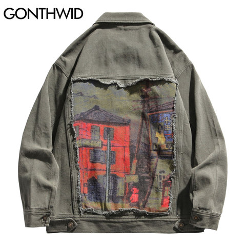 GONTHWID House Print Patchwork Denim Jackets Streetwear Mens Hip Hop Harajuku Casual Jeans Jacket Coats Harajuku Fashion Tops ► Photo 1/6