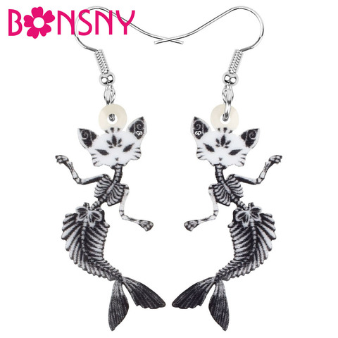 Bonsny Acrylic Halloween Gray Cat Fish Skull Earrings Cute Skeleton Dangle Drop Jewelry For Women Girls Trendy Gift Accessories ► Photo 1/5