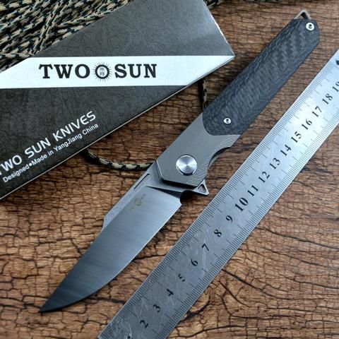 TWOSUN New Folding Gift Knives 14C28N Steel Blade Titanium Caron Fiber Handle Flipper Fast Open Hunting Tactical Knife TS290 ► Photo 1/6