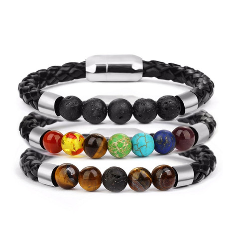 Male Leather Charm Bracelet Lava Chakra Stone Beads Stainless Magnetic Clasps Charm Bracelets & Bangles For Men Punk Jewelry ► Photo 1/6