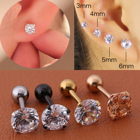 1pc/lot Size 3/4/5/6mm 4 Colors Punk Medical Stainless Titanium Steel Needle Zircon Crystal Stud Earrings For Men Women Party ► Photo 1/6