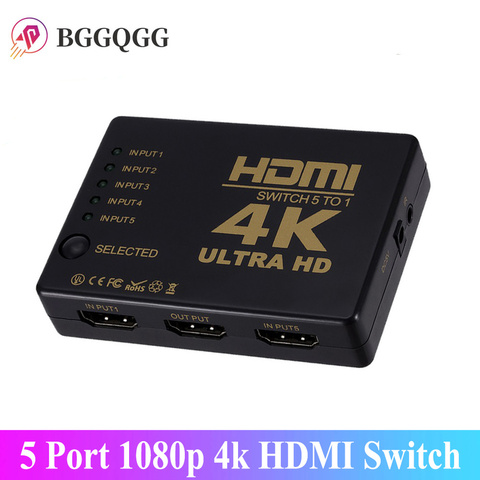 BGGQGG 5 Port HDMI Switch 3D 1080p 4k Selector Splitter Hub with IR Remote Controller for HDTV DVD BOX HDMI Switcher 5 In 1 Out ► Photo 1/6