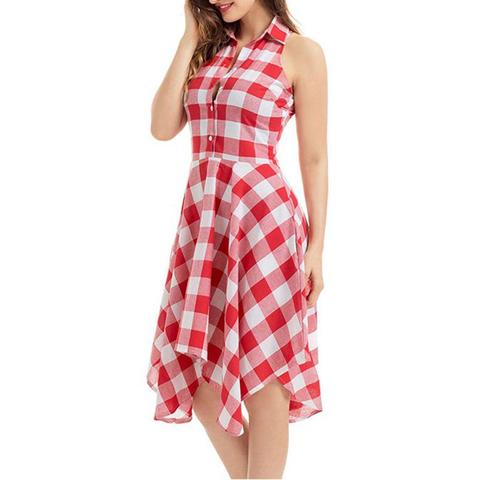 Fashion Summer Lady Plaid Print Button Down Slim Sleeveless Irregular Midi Dress ► Photo 1/6