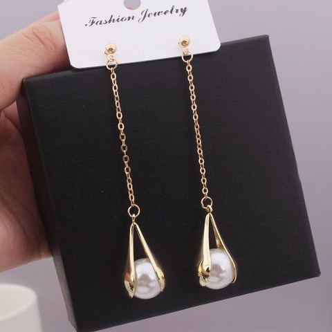 Metal long tassel earrings pearl ins ladies personality water drop temperament earrings wedding party jewelry French elegant ► Photo 1/6